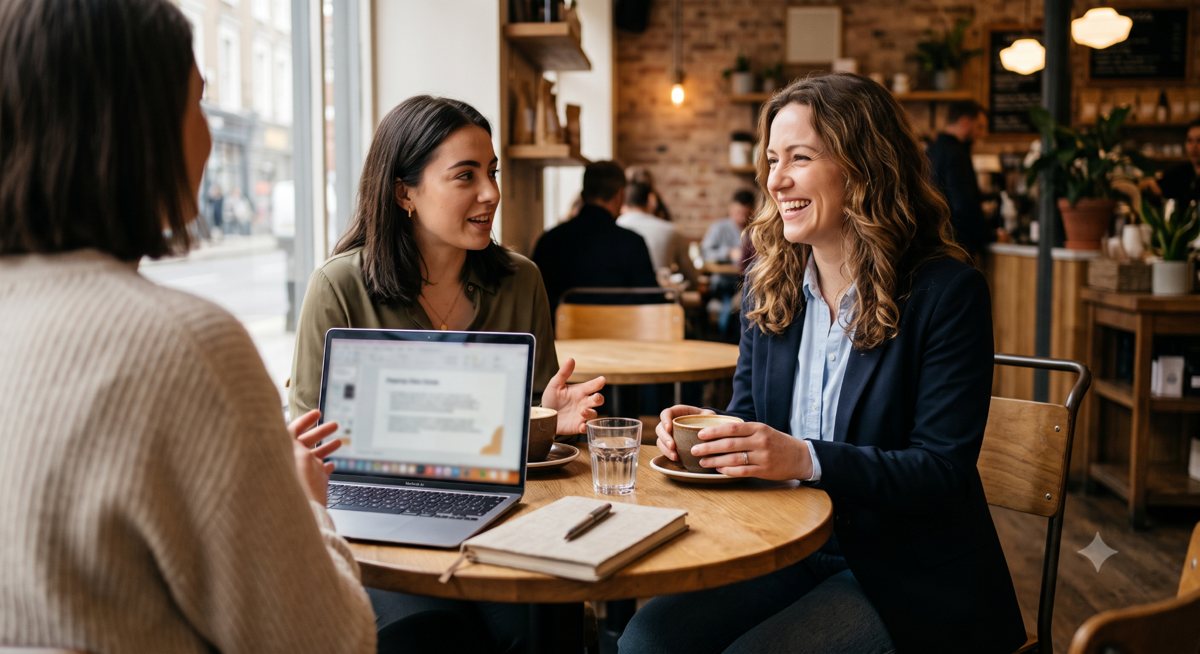 Three colleagues talking over coffee in a caf&eacute;